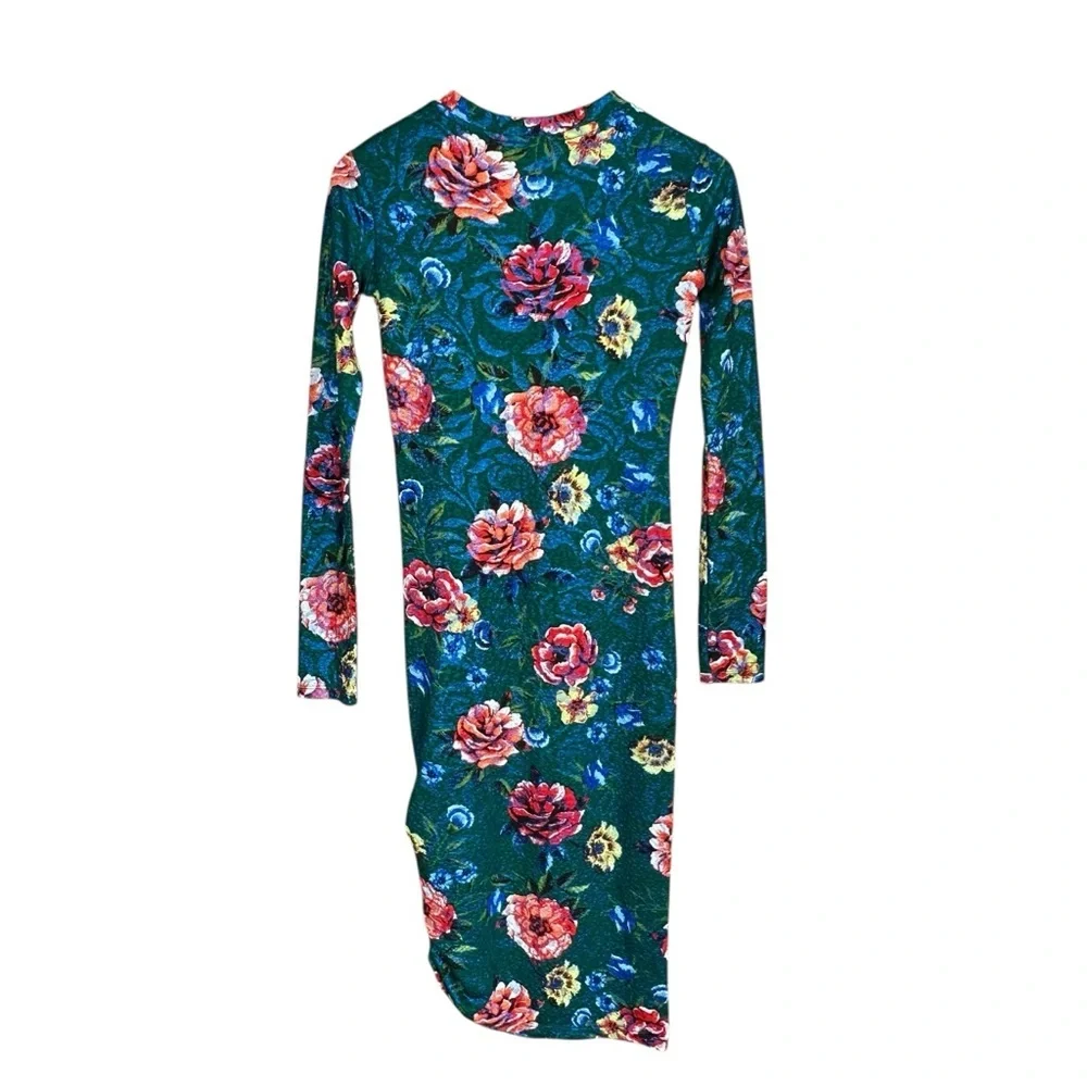 Zara Trafulac Bodycon Side Ruched Green Floral Long Sleeve Midi Dress Sz S - Picture 4 of 11